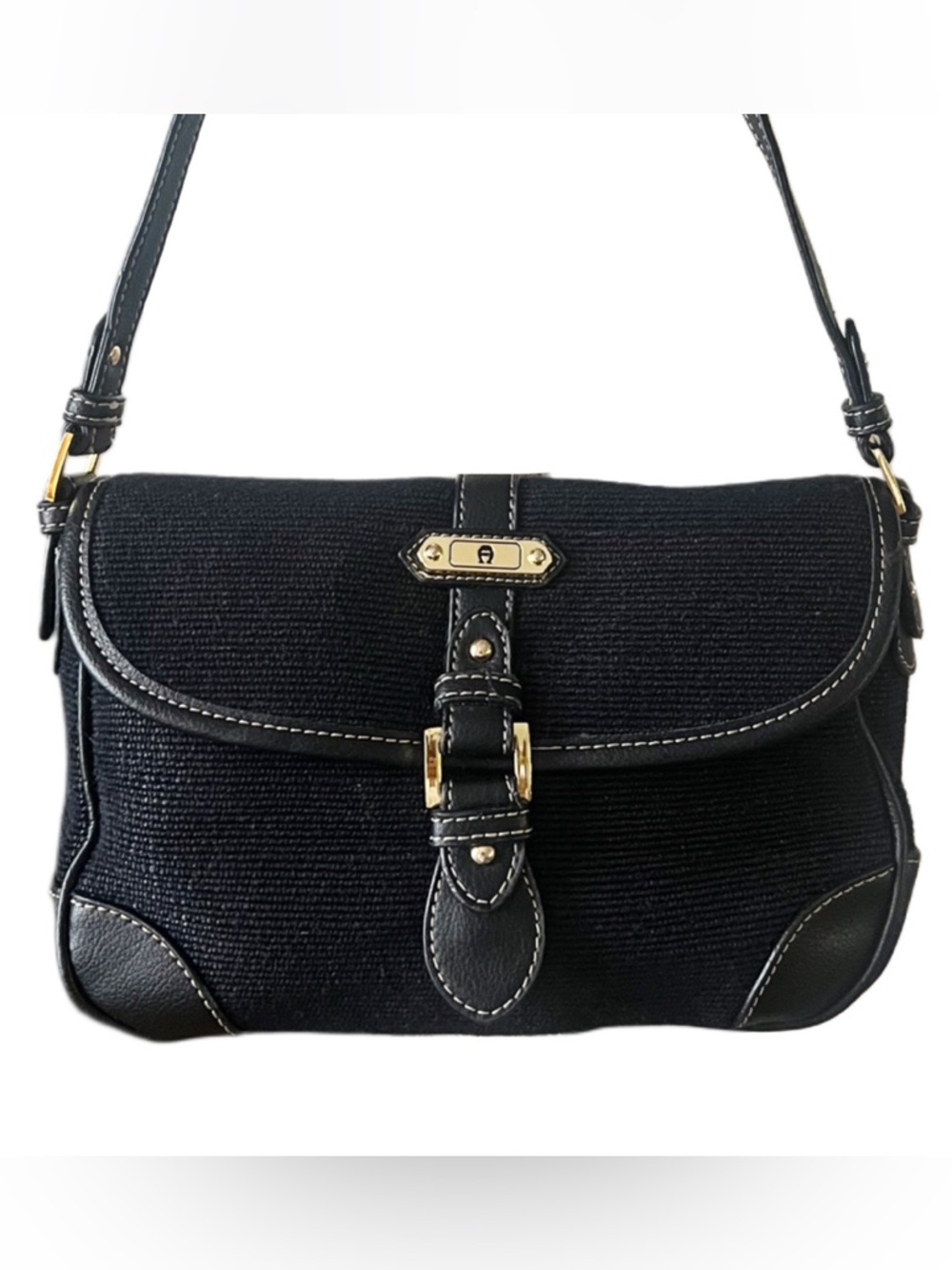 Etienne Aigner Small Black Tweed Leather Trim Crossbody Bag
